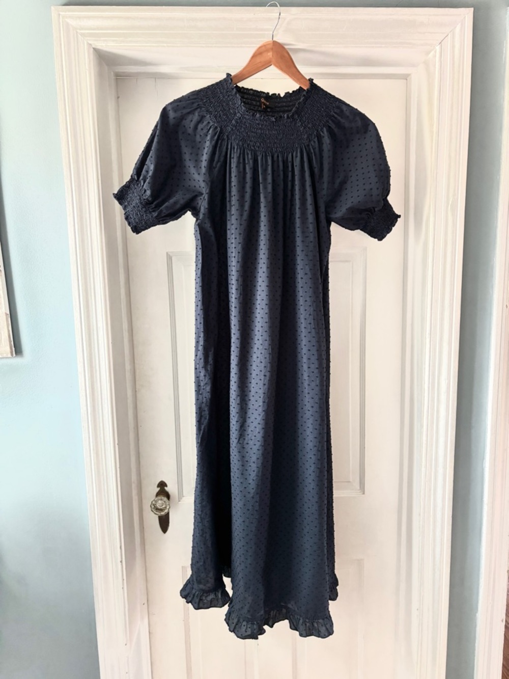 Quince 100% Cotton Swiss Dot Midi Dress Navy Medium NWOT - Picture 3 of 14